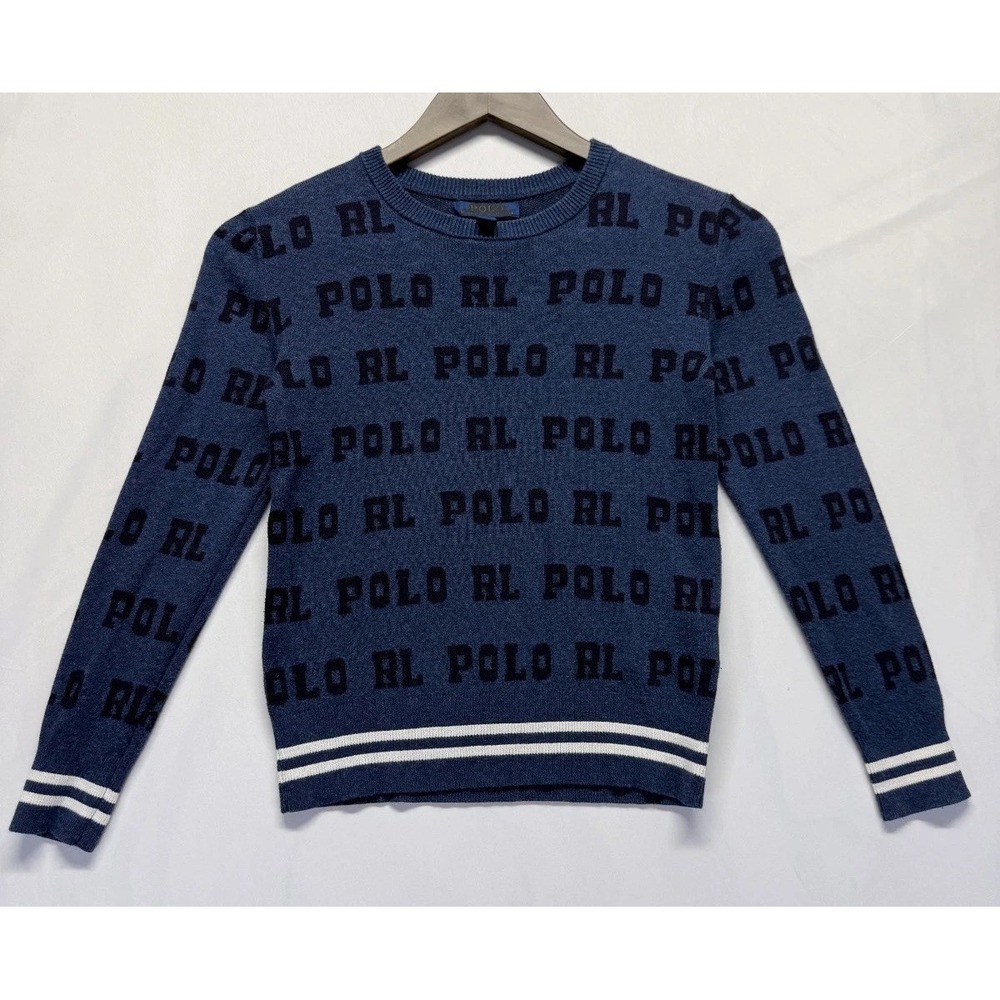 Polo Ralph Lauren Sweater Kids Small (8) Navy Blue Allover Print Logo Tight Knit